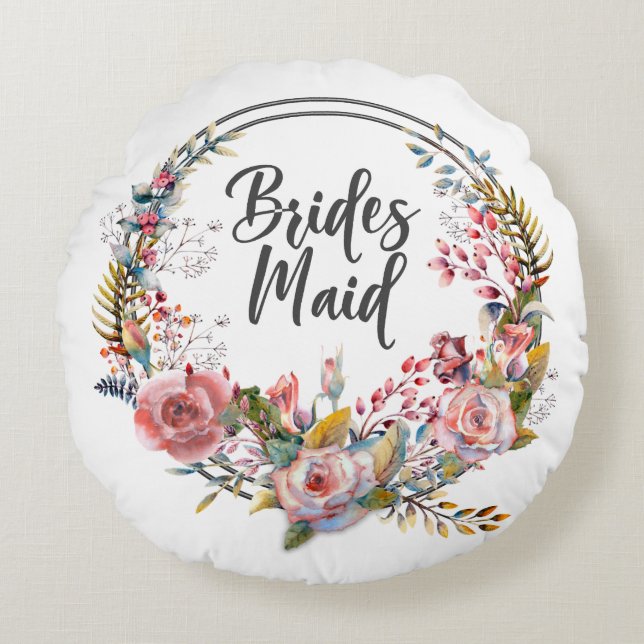 Blush Bloemenkrans Bruidsmeisje Ronde Sierkussen Rond Kussen (Voorkant)