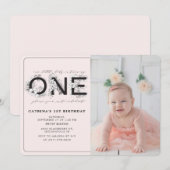 Blush bloemenmeisje 1e verjaardag foto kaart (Voorkant / Achterkant)