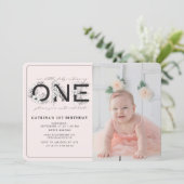 Blush bloemenmeisje 1e verjaardag foto kaart (Staand voorkant)