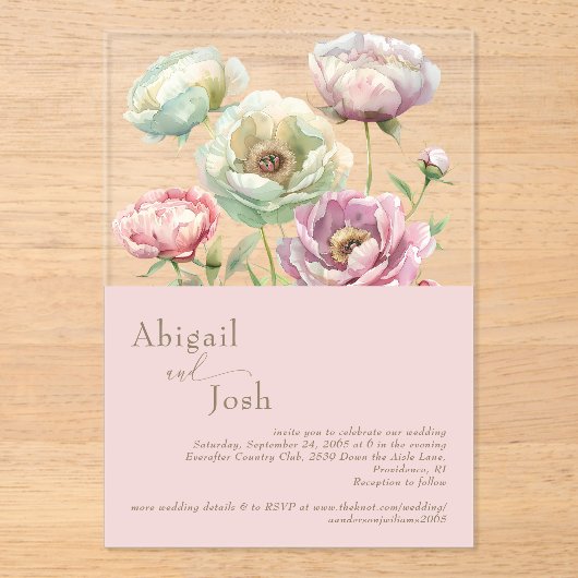 Blush bloemenpioenrozen acryl uitnodiging acryl uitnodigingen (Voorkant)