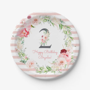 Blush bloemenroze streep 2e verjaardagsfeestje papieren bordje