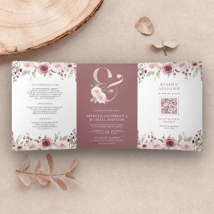 Blush Bloemstof Stof Roze Ampersand QR Code Trouwd Drieluik Uitnodiging