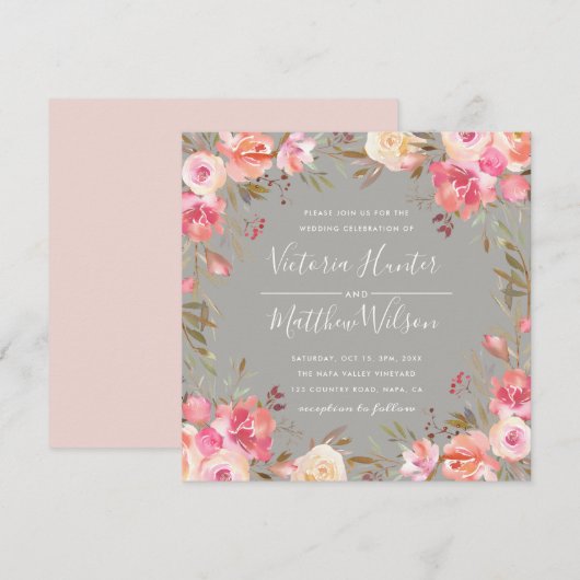 Blush Bloom Bloemen Huwelijksuitnodiging | Gray Kaart (Voorkant / Achterkant)