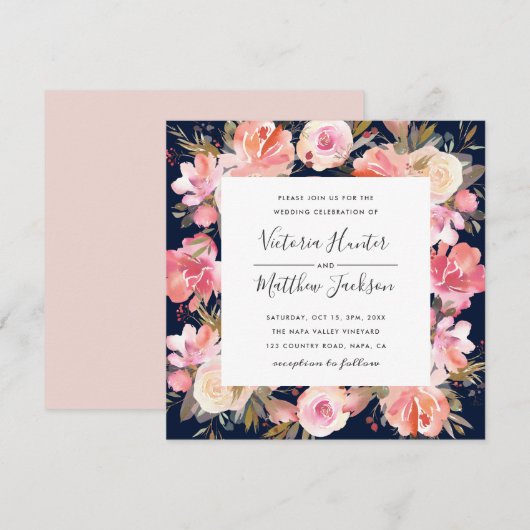 Blush Bloom Floral Wedding Invitation | marine Kaart (Voorkant / Achterkant)