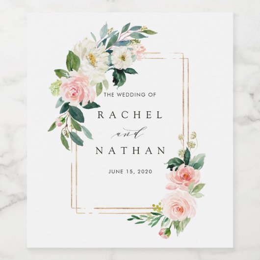 Blush bloom gouden rechthoek Lijst bruiloft Wijn Etiket (Enkel label)