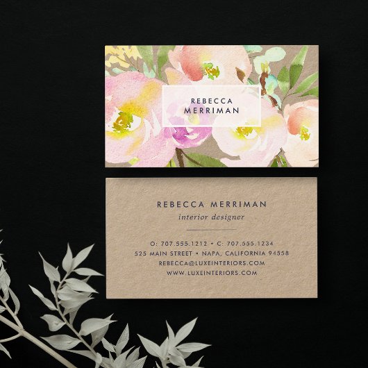 Blush Bloom | Waterverf Floral Kraft Visitekaartje