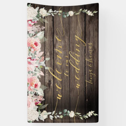 Blush Blooms Fancy Goud Kalligrafie Hout Welkom Spandoek (Verticaal)