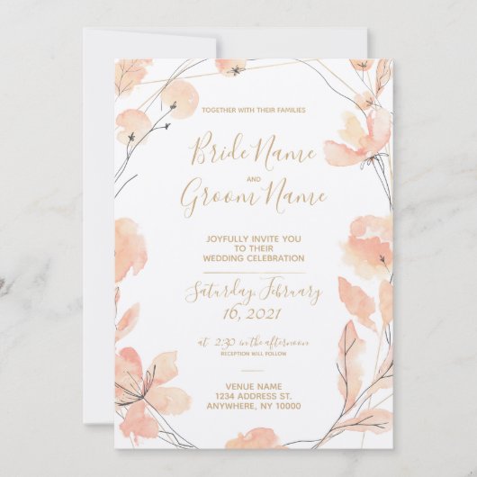 Blush & Blooms Waterverf Bloemen & Goud Bruiloft Kaart (Voorkant)