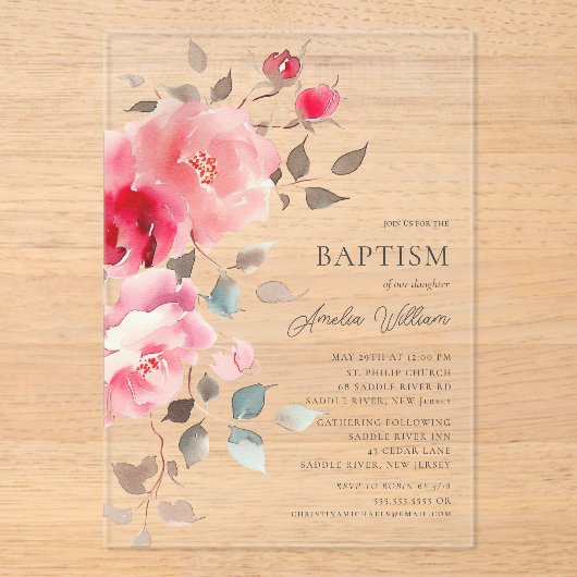 Blush Blossoms Baptisme Uitnodiging Acryl Uitnodigingen (Voorkant)