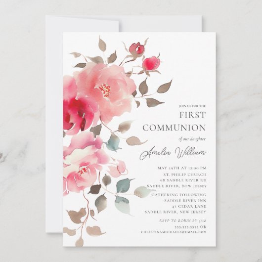 Blush Blossoms Première communion Invitation (Devant)