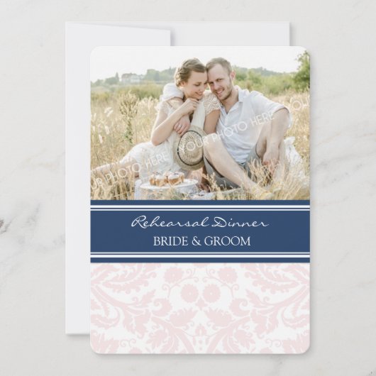 Blush Blue Damask Photo Rehearsal Dinner Party Kaart (Voorkant)