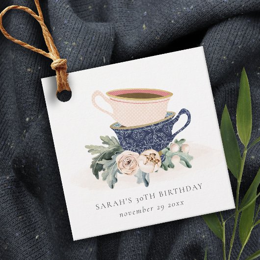 Blush Blue Flora Stapelde Tea Cups elke dag Bedankjes Labels