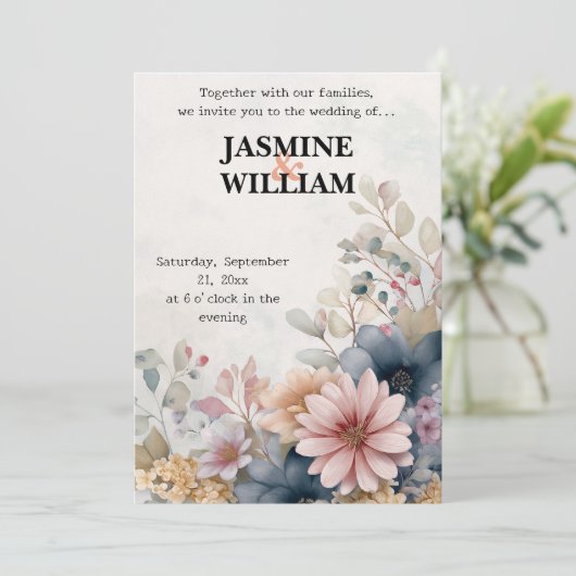 🌺 Blush & Blue Floral Faire-part de mariage 💌 🌿 (Debout devant)