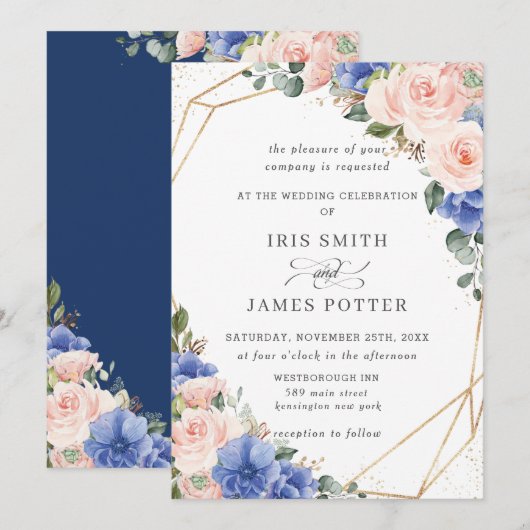 Blush & Blue Floral Rozen Gold Geometric Wedding Kaart (Voorkant / Achterkant)