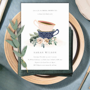 Blush Blue Floral Vrijgezellenfeest Tea Party Invi Bedankkaart