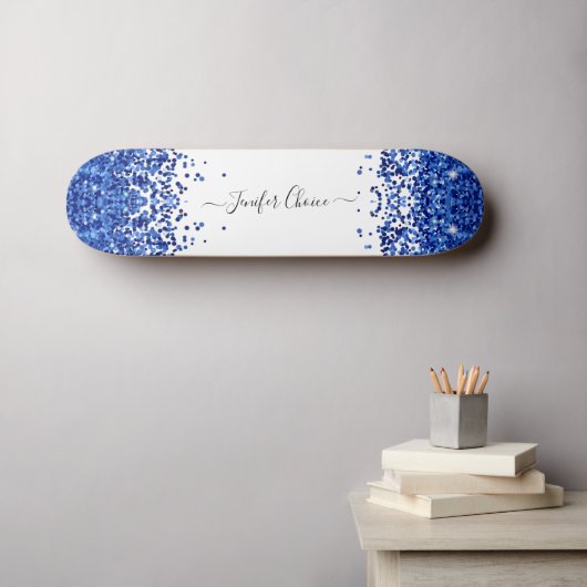 Blush Blue Glitter Custom Name Skateboard (Muurkunst (Horizontaal))