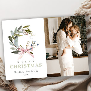 Blush Blue Green Winter Kerstkrans Foto Feestdagenkaart