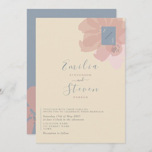 Blush Blue Moderne Bloemen Huwelijksuitnodiging Kaart (Voorkant / Achterkant)