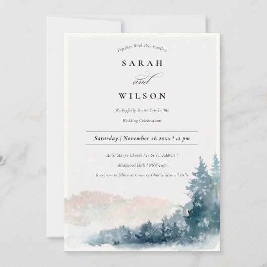 Blush Blue Pine Snow Mountains Mariage Invitation (Devant)