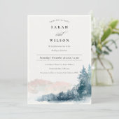 Blush Blue Pine Snow Mountains Mariage Invitation (Debout devant)