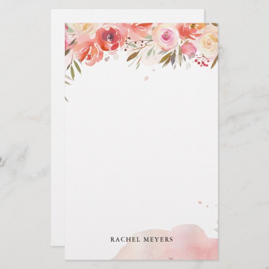 Blush Boeket Gepersonaliseerde Naam Monogram Briefpapier (Voorkant / Achterkant)