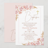 Blush Boho Bloemen Gouden Kruis Doop Kaart (Voorkant / Achterkant)