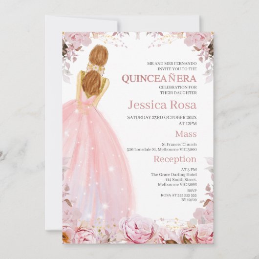 Blush Boho bloemenjurk quinceañera uitnodiging (Voorkant)