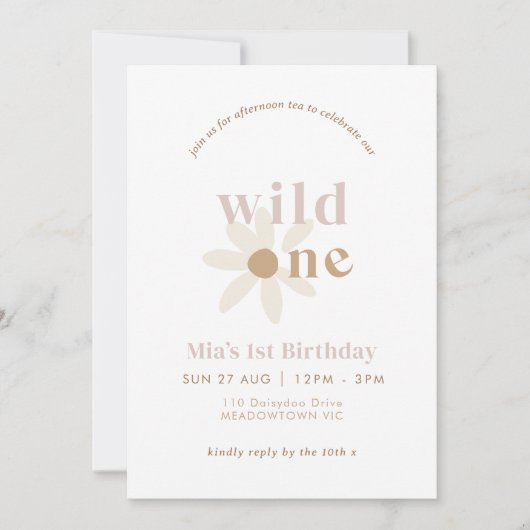 Blush Boho Daisy Floral First Birthday Invitation (Devant)
