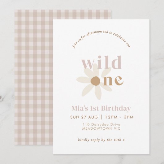 Blush Boho Daisy Floral First Birthday Invitation (Devant / Derrière)