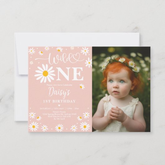 Blush Boho Daisy Floral Wild One Photo Birthday Kaart (Voorkant)