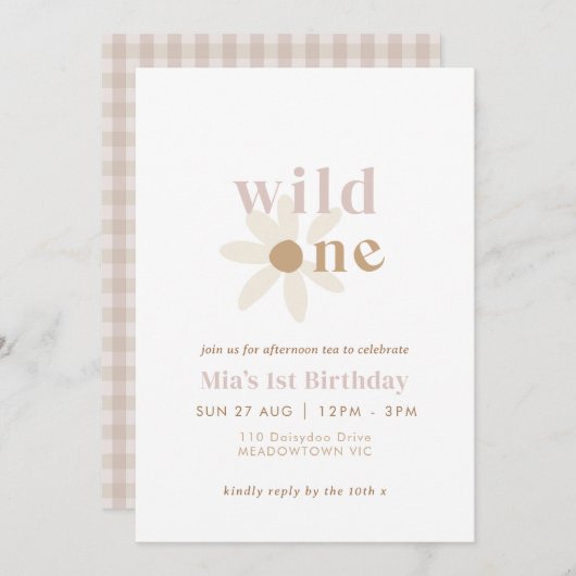Blush Boho Daisy Retro Première Invitation d'anniv (Devant / Derrière)