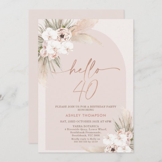 Blush Boho Floral Arch 40e Invitation anniversaire (Devant / Derrière)