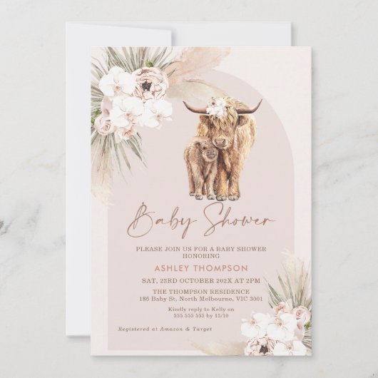 Blush Boho Floral Arch Highland Koe Baby shower Kaart (Voorkant)