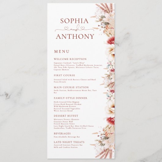 Blush Boho Pampas Floral Double Mariage Menu (Devant)