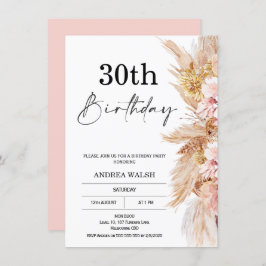 Blush Boho Pampas Grass 30th Birthday Invitation Kaart