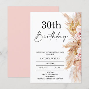 Blush Boho Pampas Grass 30th Birthday Invitation Kaart