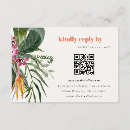 Blush Boho Tropische Bloemen Bruiloft QR Code RSVP Informatiekaartje (Voorkant)