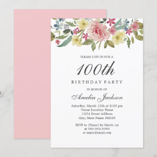 Blush Botanisch Watercolor 100ste Verjaardagsfeest Kaart