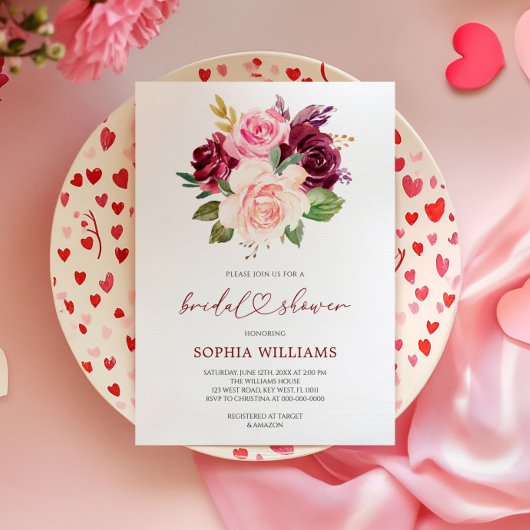 Blush Bourgogne Bloemen Bruidsdouche Uitnodiging