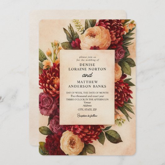 Blush Bourgogne Bloemen Waterverf bruiloft Kaart (Voorkant / Achterkant)