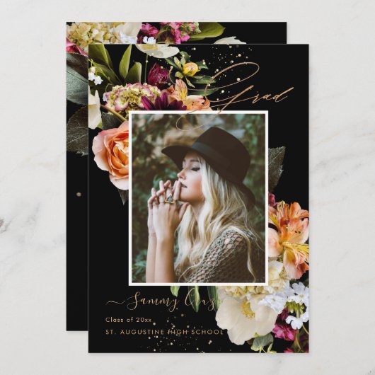 Blush Bourgogne Dark Moody Flowers Afstuderen Aankondiging (Voorkant / Achterkant)