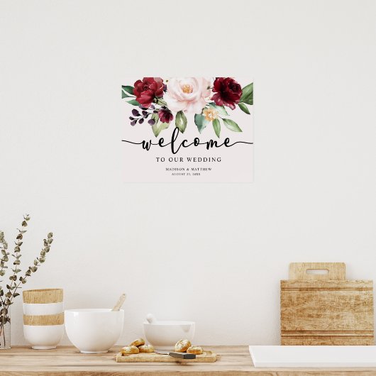 Blush Bourgogne Floral Welcome Weddenschap Poster (Keuken)