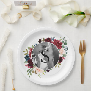 Blush Bourgogne Foto Monogram Floral Weddenschap P Papieren Bordje