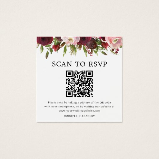 Blush Bourgogne QR Code Photo Weddenschap RSVP Kaa Vierkante Visitekaartjes (Voorkant)