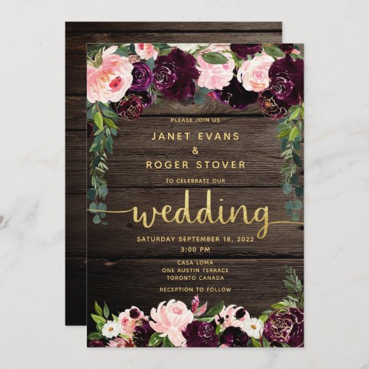 Blush Bourgogne Rustic Gold Calligraphy Wedding Kaart (Voorkant / Achterkant)