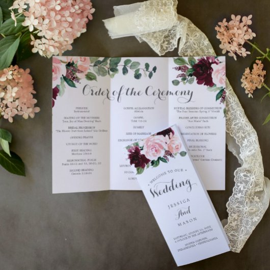 Blush Bourgogne Tri-Fold Wedding Program Memory Flyer