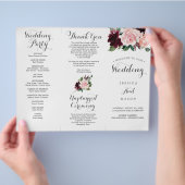 Blush Bourgogne Tri-Fold Wedding Program met Menu (Hand)