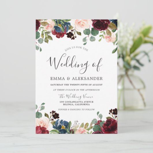 Blush & Bourgogne Waterverf Floral Wedding Invite Kaart (Staand voorkant)