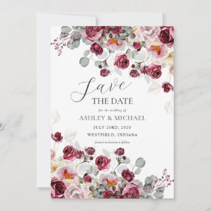 Blush & Bourgondië Bloemen Trouwen Save The Date Kaart