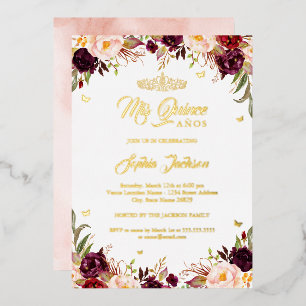 Blush Bourgondië Mis Quince Bloem Quinceanera Folie Uitnodiging